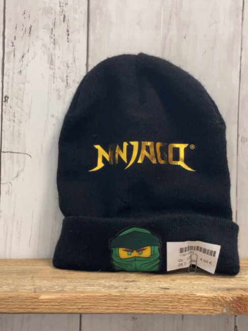H&M  Mütze  Gr. 128  schwarz Strick goldene glänzende Schrift Ninjago 