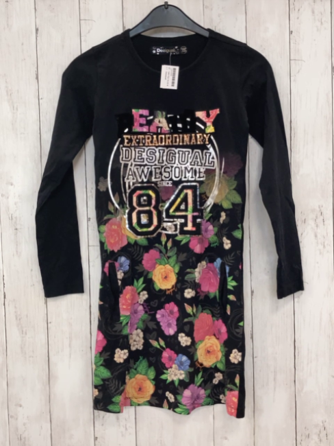 Desigual  Kleid  Gr. 146/152  schwarz bunte Blumen + Schrift 