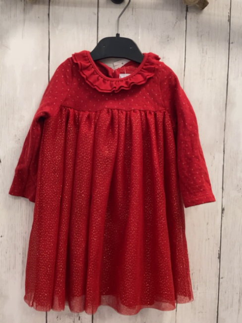 Petit Bateau  Kleid  Gr. 80  rot goldene Glitzerpunkte Tüllüberrck mit goldenen Punkten 