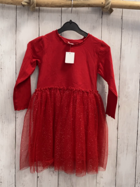 H&M  Kleid  Gr. 98  rot Tüllüberrock mit silber Glitzerpunkten 