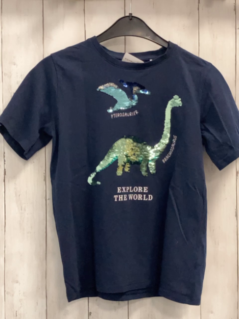   T-Shirt  Gr. 134/140  blau Pailettendinos Schrift 