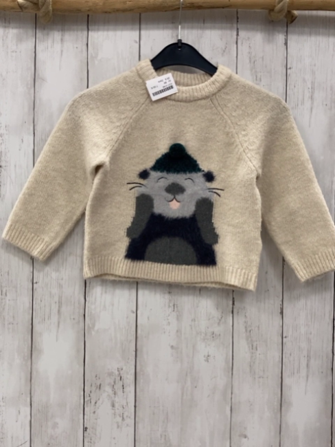 Zara  Pullover  Gr. 86  beige Strick Tier mit grüner Pudelmütze 