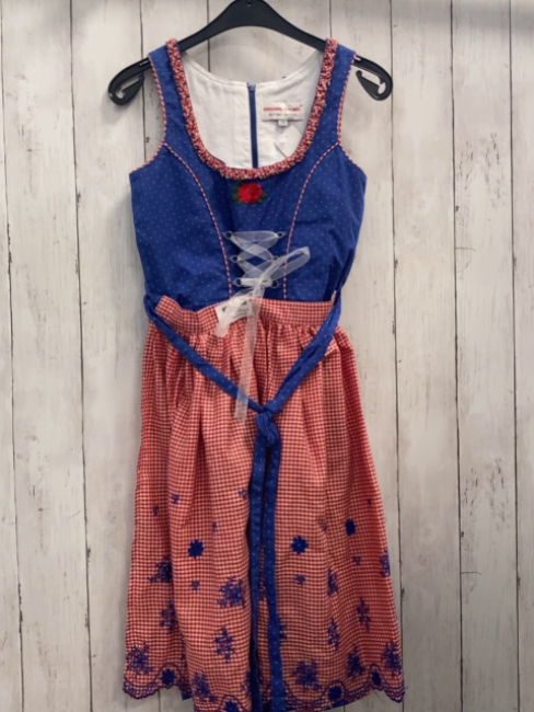 2tlg Original Steindl Trachtenkleid + Schürze Gr. 146  blau weiße Punkte + rot weiß kariert