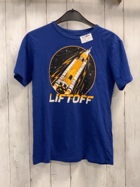   T-Shirt Gr. 152  blau orange weiß schwarzes Bild mit Weltraumrakte Schrift 