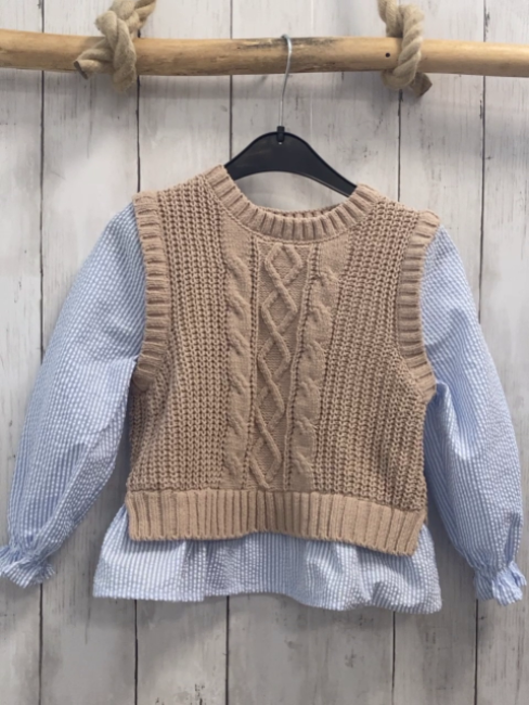  Bluse Gr. 110  hellblau weiß gestreift brauner Strickpullunder