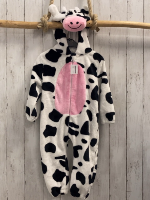   Plüschoverall Gr. 86  weiß schwarz gescheckt + Kapuze mit Kuhgesicht