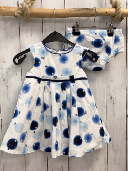 2tlg Obaibi  Kleid + Höschen  Gr. 74  weiß blau schwarz hellblaue Krseie weiße PUmten 