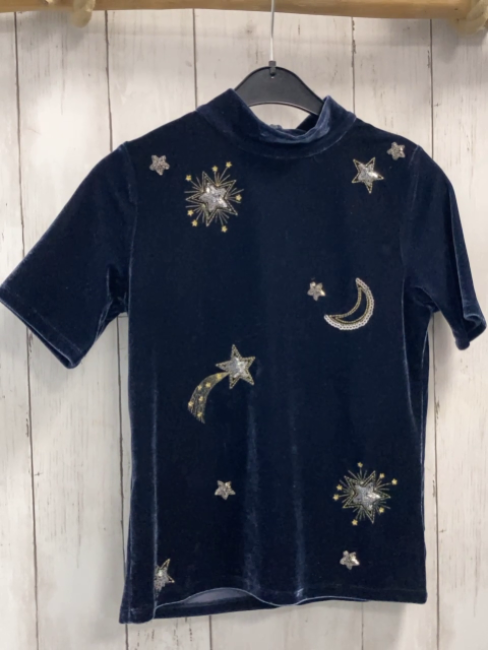 Boden Kurzarmshirt  Gr. 134/140  blau Samt Sterne Monde mit Glitzer + silber Pailetten 