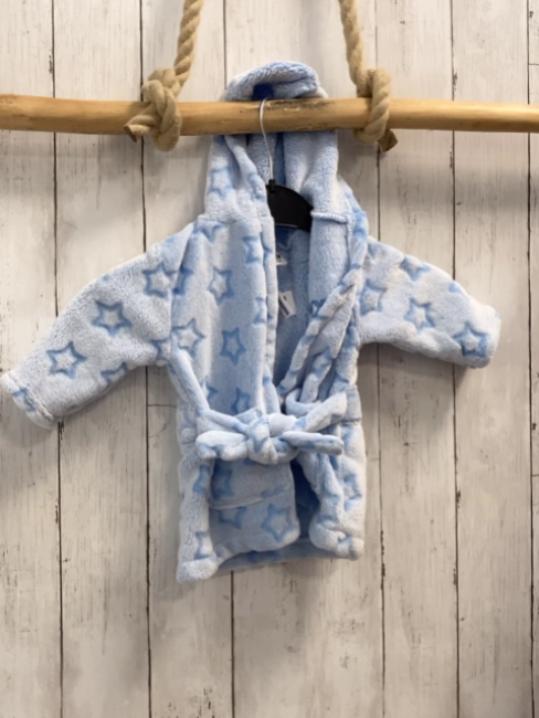 DKNY Bademantel  Gr. 68  hellblau Plüsch Kapuze Sterne 