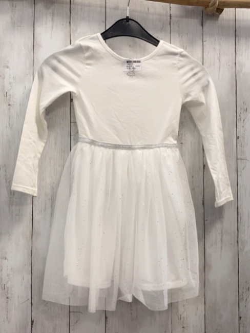 H&M  Kleid  Gr. 110  weiß transparenter Tüllüberrock mit Glitzerpunkten silber Glitzergürtelband 