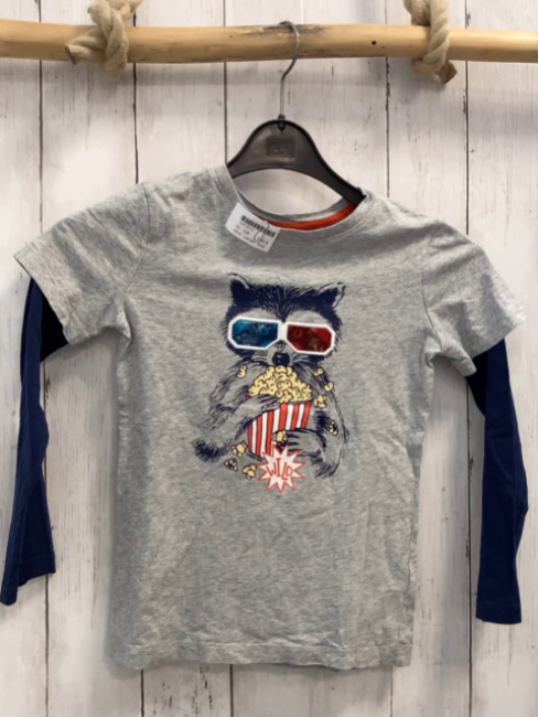 Lands´  End  Langarmshirt  Gr. 128  grau Waschbär mit Popcorn blaue Ärmel 
