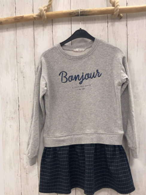 Mango  Kleid  Gr. 140  graues Oberteil mit Schrift + grau helgrau karierter Rock