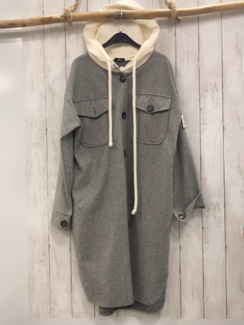 la....mu  Mantel  Gr. 164/170  grau hellgrau Zackenstreifen creme Kapuze + Kordel 