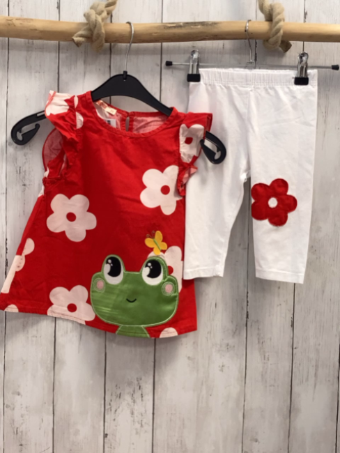 2tlg  Sommerbluse + Leggings  Gr. 92  rot weiße Bumen Frosch + weiß rote Blume 