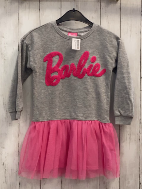   Kleid  Gr. 122/128  graues Oberteil mit pink Plüschschrift +pink Tüllrock 
