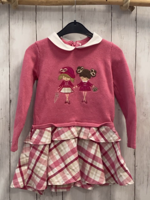 Mayoral  Kleid  Gr. 104  pink Strickoberteil mit 2 Mädchen + weißer Kragen beige rosa rot weiß karierter Rock