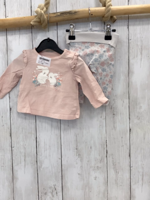 2tlg Langarmshirt + Leggings Gr. 62  rosa Hasen + weiß Blumen
