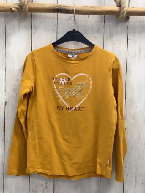 Sat & Pepper Langarmshirt  Gr. 128  mais Herz mit Pferd aus goldenen Steinen 