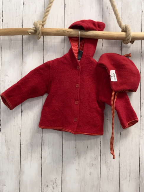 2tlg Hess Natur  Jacke + Mütze  Gr. 74   rot 100 % Schurwolle mit orange rot gestreiftem Futter 