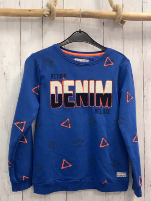Retour  Pullover  Gr. 158/164  blau orange Dreiecke graue Tigerköpfe wieß schwrze Plüschschrift mit oange Bund 