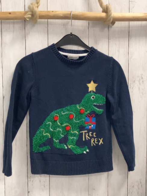 H&M  Pullover  Gr. 134/140  blau Strick Glitzerdino mit Weihnachtsschmuck