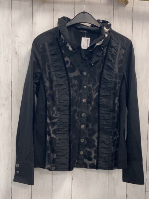 Gerry Weber  Bluse Gr. S  schwarz mit Rüschenkragen schwarz hellgrau gemustert mit schwarzem Netz 