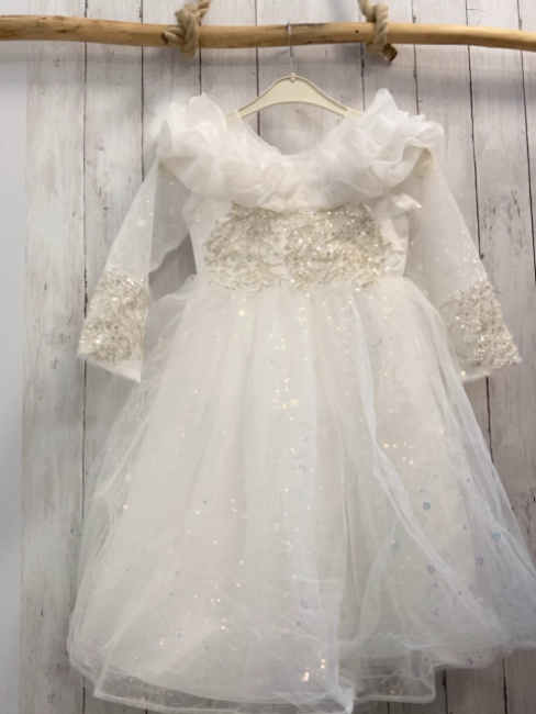   Kleid Gr. 128  weiß Tüllüberkleid mit Perlen + Pailetten 