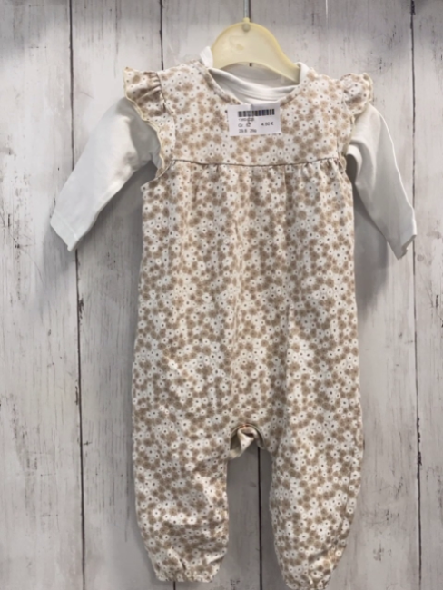 2tlg  Jumpsuit + Langarmshirt  Gr. 62  weiß beige weiße Blumen + weiß 