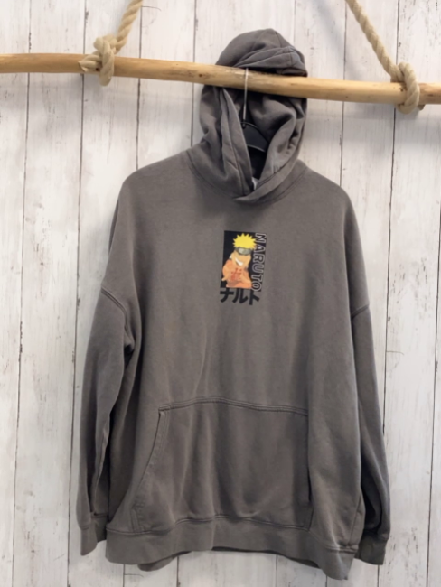 H&M Pullover  Gr. 146/152  grau Kapuze Figur Schrift Bauchtasche 