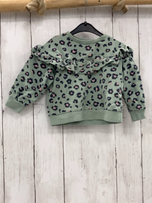 Bakkaboe  Pullover  Gr. 74  mint + grau rosa leoprint Rüschen 