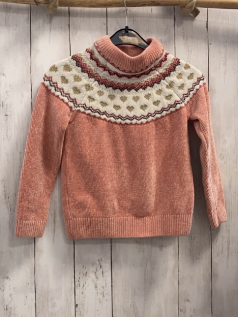   Pullover  Gr. 116  lachs + weiß mit lachs rot goldenem Muster Strick 