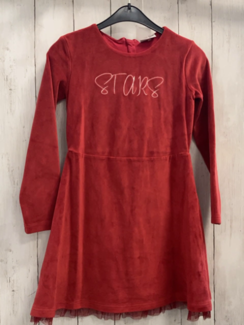 Magic  Kleid  Gr. 128  rot Nicky weiße Schrift Rüschensaum 