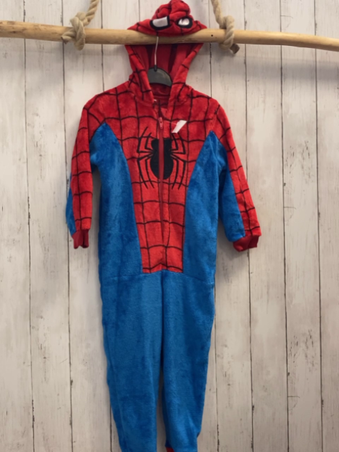   Plüschoverall Gr. 110  rot blau Kapuze Spiderman 
