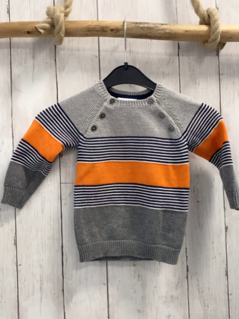  Pullover Gr. 74  grau orange Streifen Strick