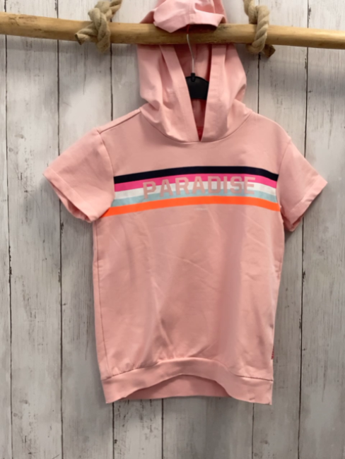   T-Shirt Gr. 134  rosa bunter Bruststreifen mit Schrift Kapuze 