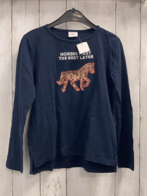S´Oliver  Langarmshirt  Gr. 128  blau bronze Pailettenpferd weiße Schrift 