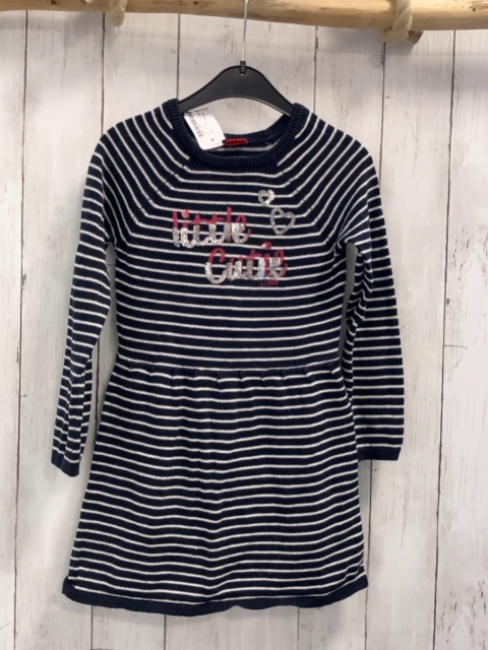 S´ Oliver  Kleid  Gr. 116  blau weiße Streifen Strick Pailettenschrift 