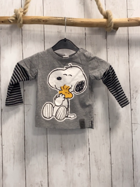 H&M Langarmshirt Gr. 74  grau + grau schwarz gestreifte Ärmel Snoopy