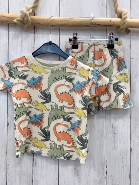 2tlg  T-Shirt + Shorts  Gr. 92  beige Rippen bunte Dinos 