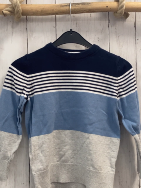  Pullover  Gr. 122  blau + blau weiße Streifen + helllblau + hellgrau Strick
