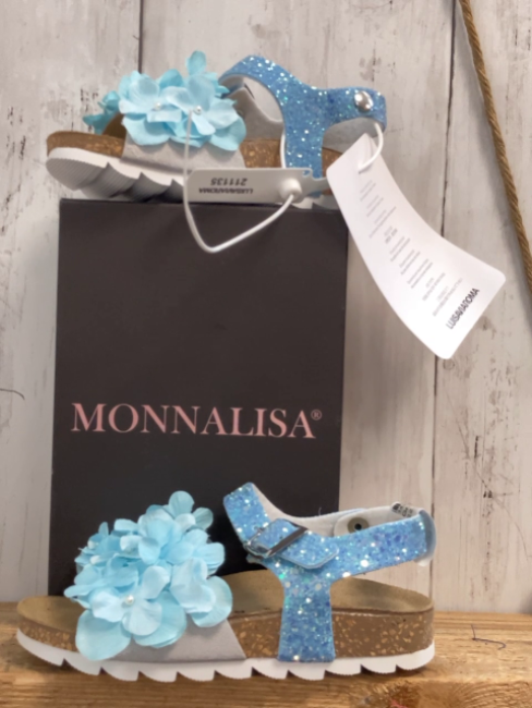 neu Monnalisa  Sandalen  Gr. 28  hellblau mit Glitzersteinen + hellblaue Rosetten mit weißen Perlen mit Sicherungsbügel 