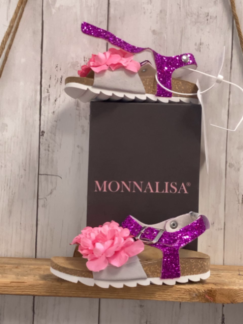 neu Monnalisa  Sandalen  Gr. 28  pflaume mit Glitzersteinen + rosa Rosetten mit Perlen mit Sicherungsbügel  