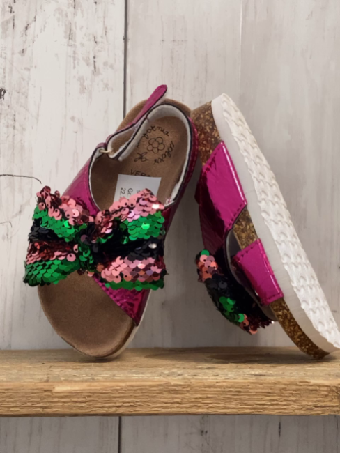 neu California Colours  Sandalen  Gr. 27  pink Lack + grün altrosa Pailettenschleife 