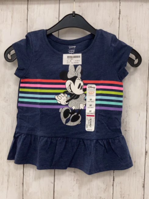 neu Disney  T-Shirt  Gr. 98  blau bunte Bruststreifen Minnie Mouse mit silber Glitzer Rüschensaum 
