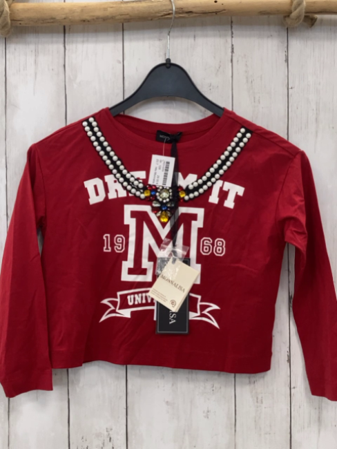 neu Monnalisa  Langarmshirt  Gr. 128  rot schwarzer Kettendruk mit großen Steinen weiße Schrift NP 95 € Outletpreis 62 € 