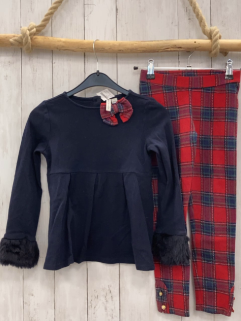 2tlg Janie et Jack  Pullover + Jeggings  Gr. 116  blau rot bunt karierte Schleife + rot blau grün weiß kariert 