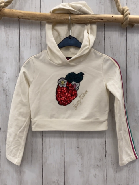 Juicy Coutur  Pullover  Gr. 116  creme Kapuze große Erbeere aus Pailetten Ärmel mit pink weiß grünem Streifen 