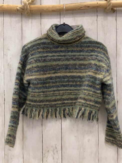 Zara  Pullover  Gr. 128  beige blau mint oliv gemustert Strick Rolli Fransensaum 