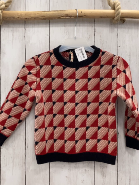 Marnie  Pullover  Gr. 110  altrosa rot weiß schwarze Quadrate mit Striefen schwarzer Bund Strick 100 % Wolle 