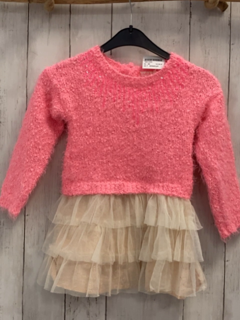 Billieblush  Kleid  Gr. 86  rosa Strickoberteil mit pink Pailetten goldener glänzender Rock beige Tüllrüschenüberrock